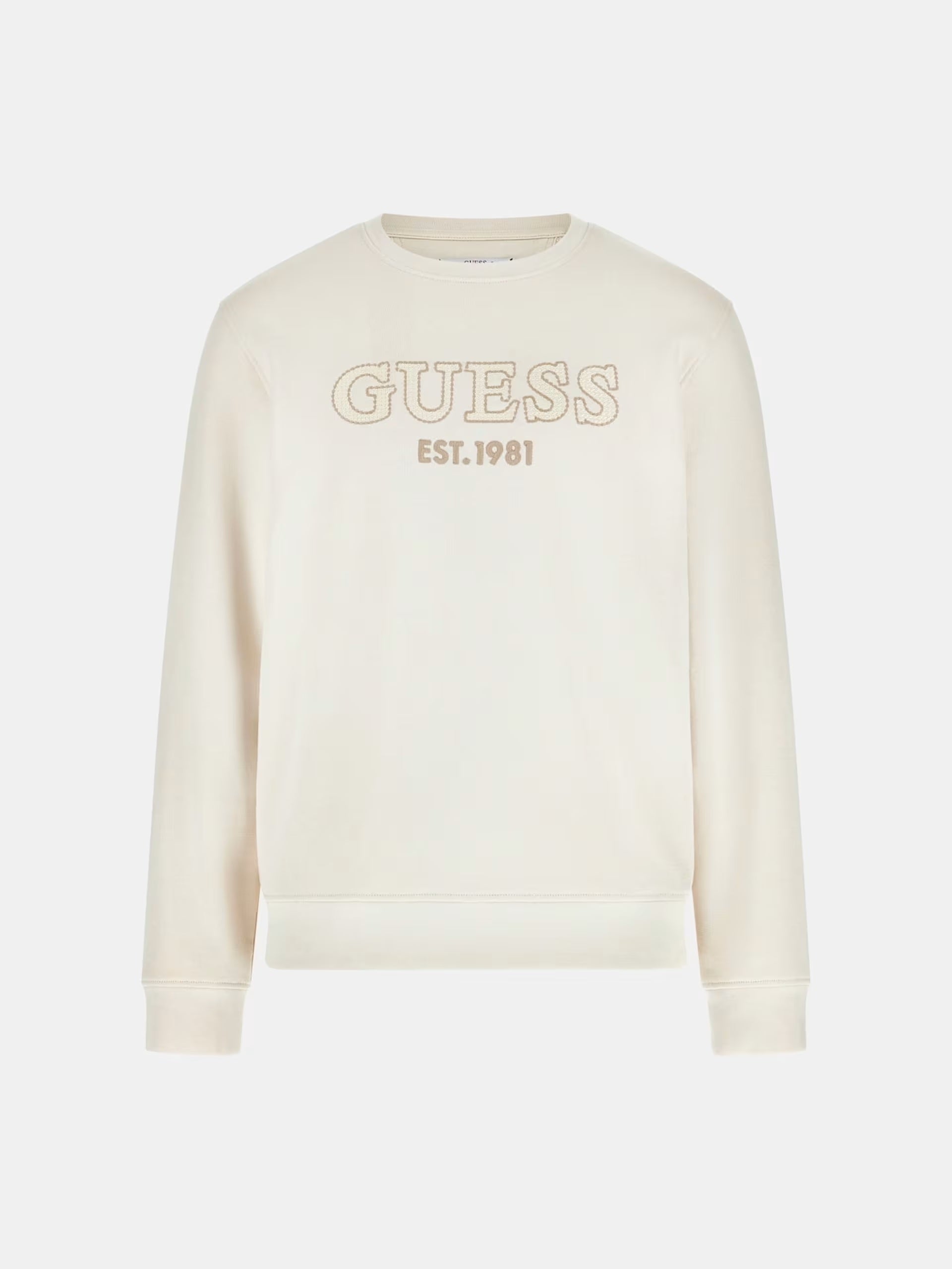 Felpa Beige con Logo Guess Ricamato e collo Girocollo 