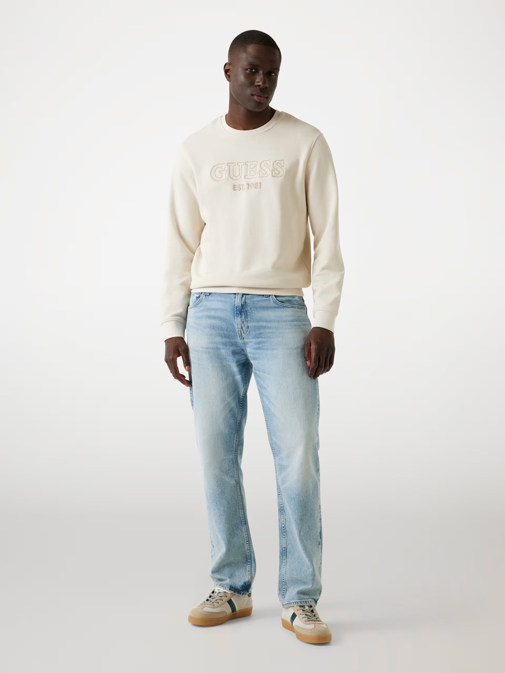 Felpa Beige con Logo Guess Ricamato e collo Girocollo 