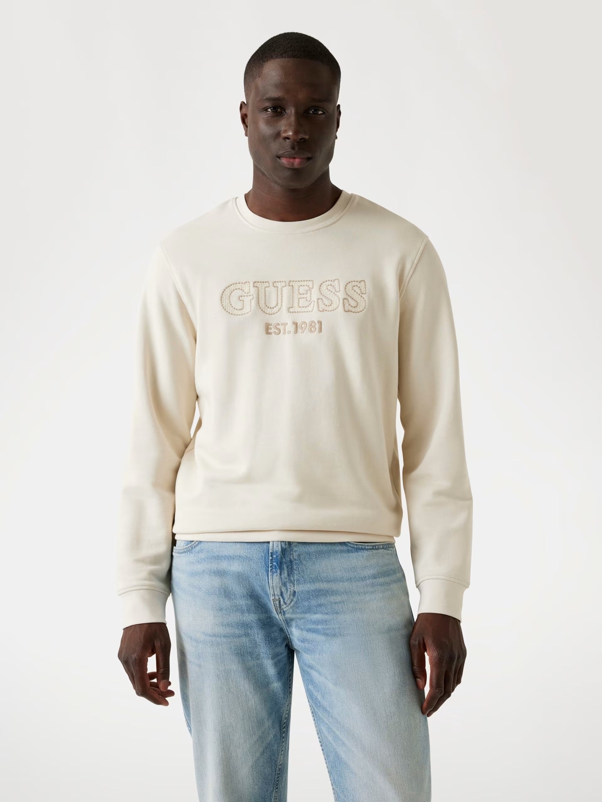 Felpa Beige con Logo Guess Ricamato e collo Girocollo 