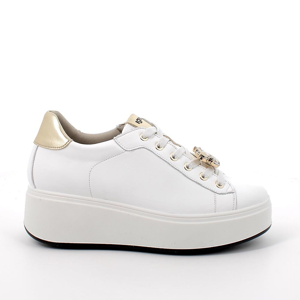 Sneakers con zeppa bianche in pelle con lacci e suola estraibile 