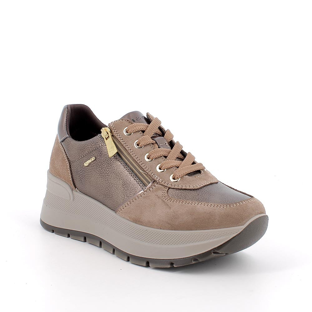Sneakers marroni in pelle laminata/scamosciata con zip laterale 