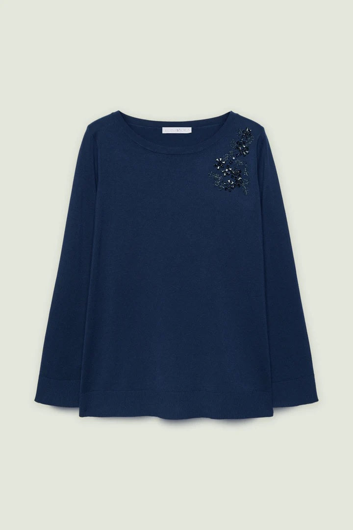 Maglia Ricamata a Mano Blu in Viscosa Soft Touch con Perline 
