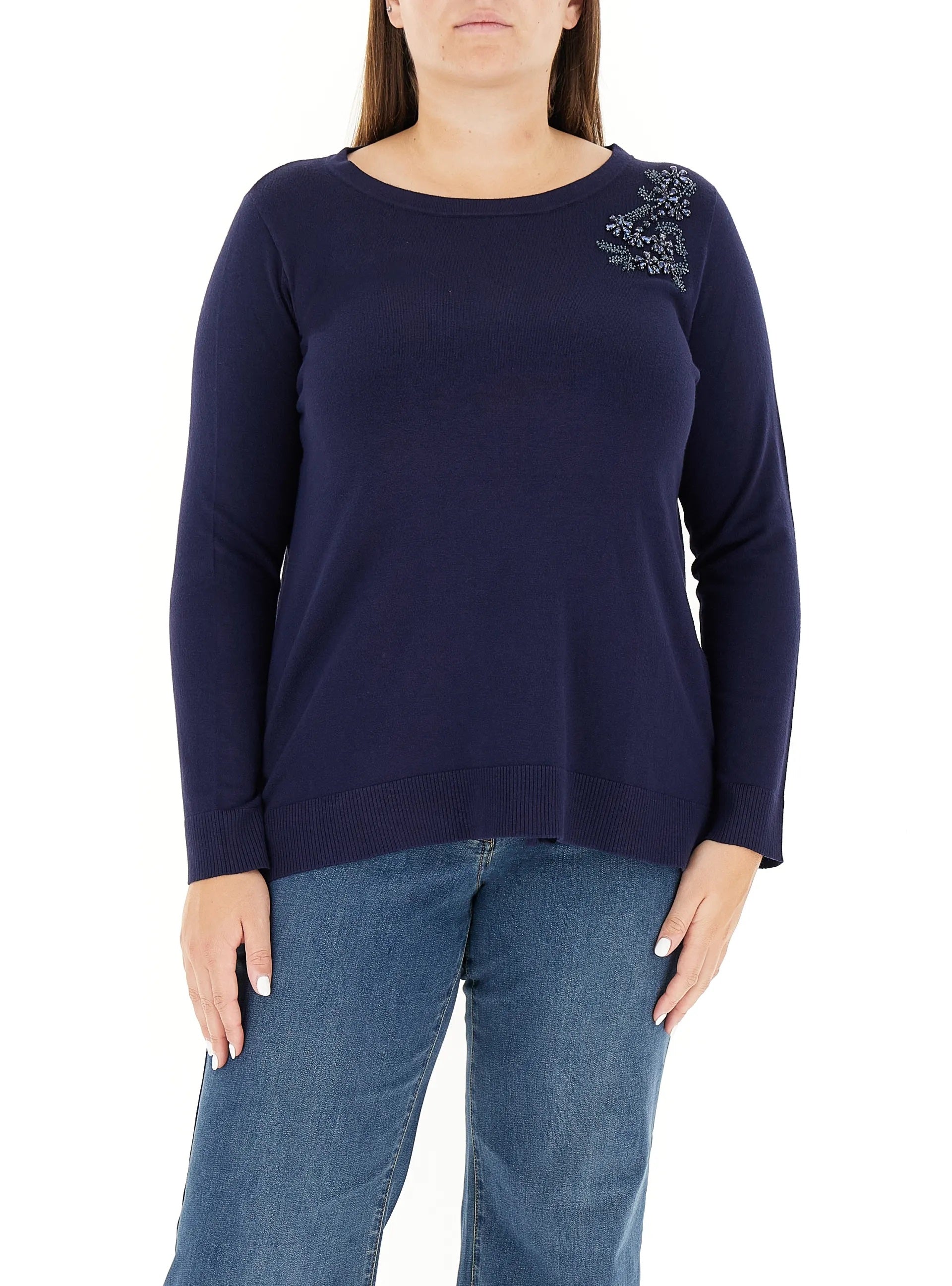 Maglia Ricamata a Mano Blu in Viscosa Soft Touch con Perline 