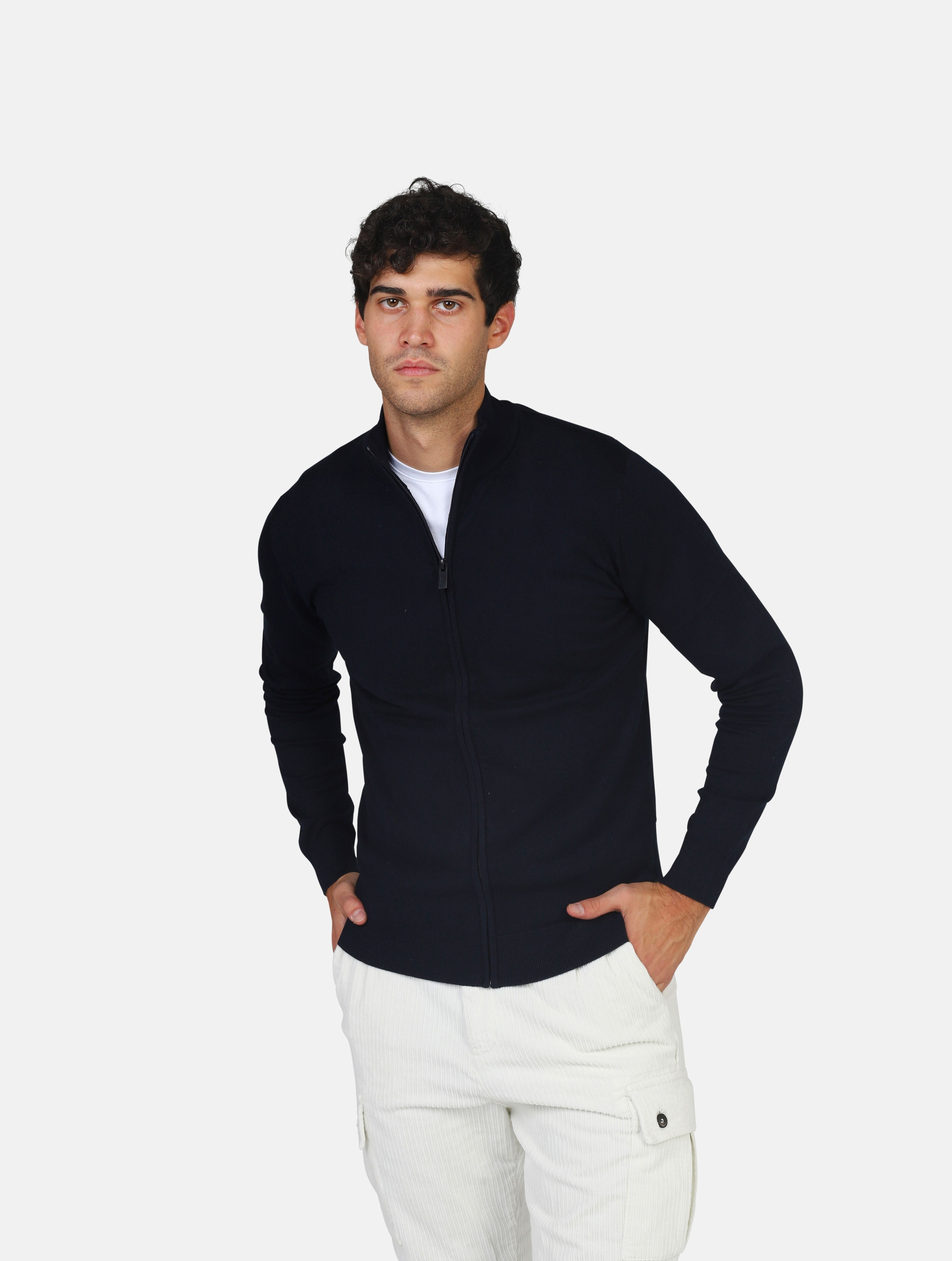 Maglia con zip da uomo nero in filato finezza 12 Viscose Blend 