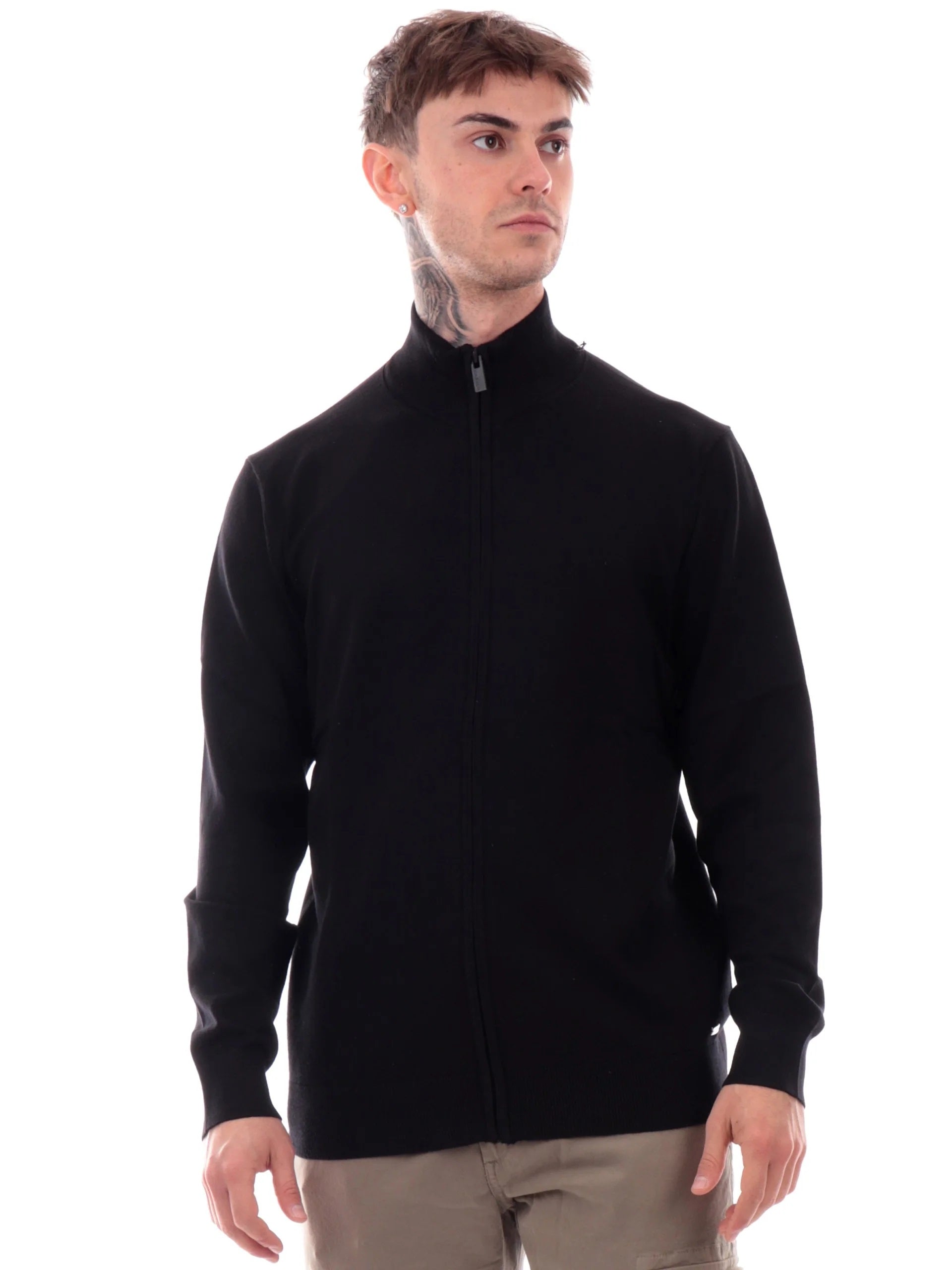 Maglia con zip da uomo nero in filato finezza 12 Viscose Blend 