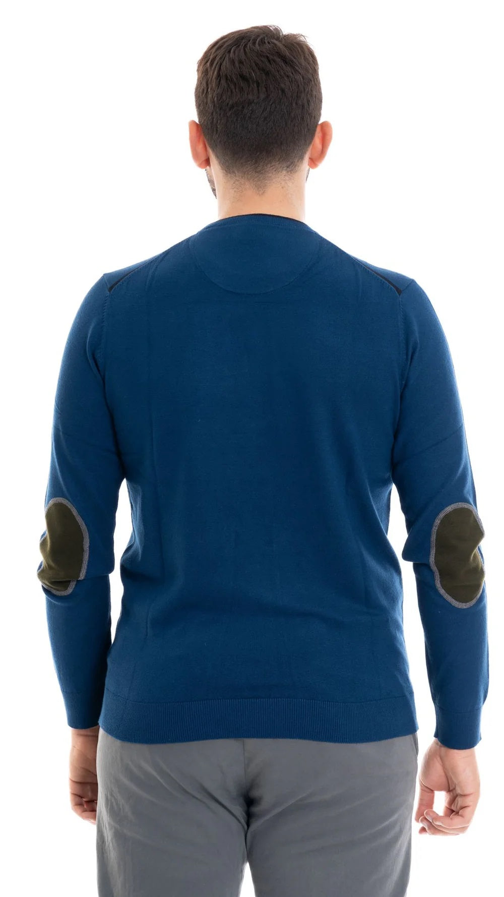 Maglioncino girocollo da uomo denim con toppe a contrasto 