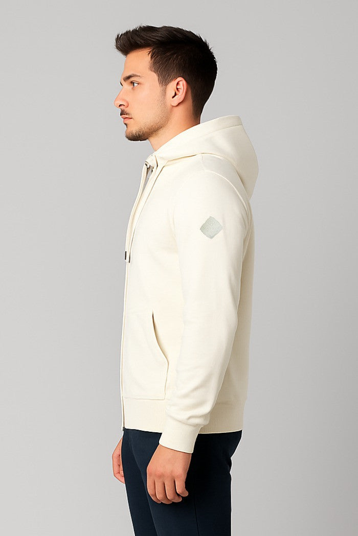 Felpa con cappuccio da uomo beige con zip e tasche frontali 