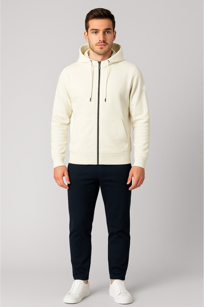 Felpa con cappuccio da uomo beige con zip e tasche frontali 