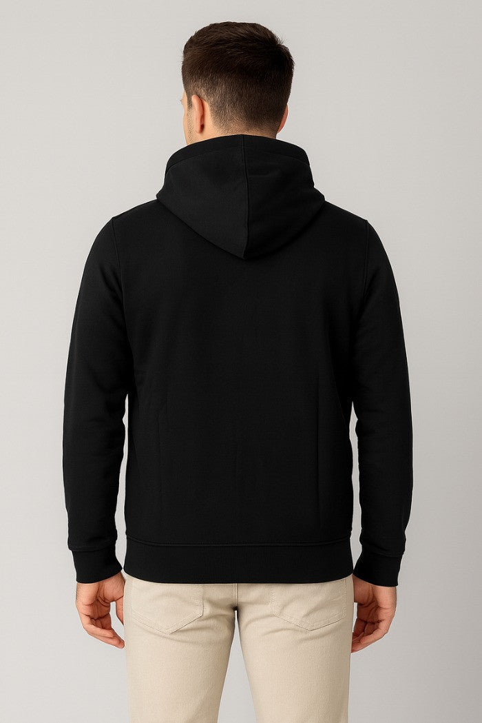 Felpa con cappuccio da uomo nera con zip e tasche frontali 