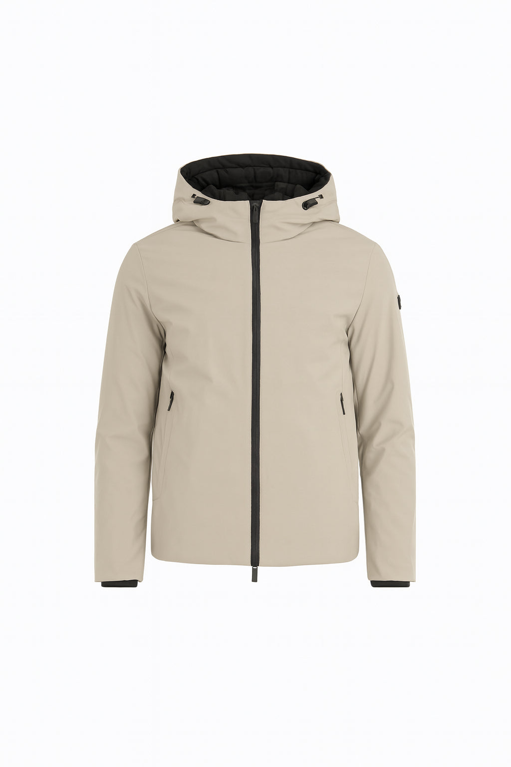 Giubbino termico da uomo beige con cappuccio fisso e zip termosaldata 