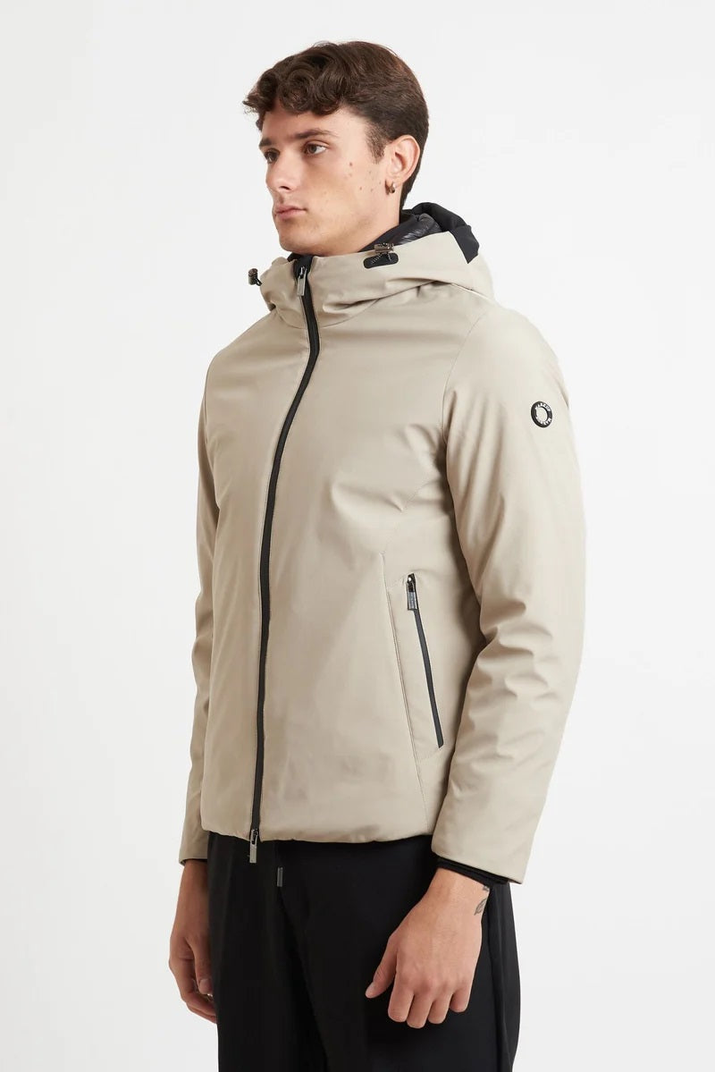 Giubbino termico da uomo beige con cappuccio fisso e zip termosaldata 