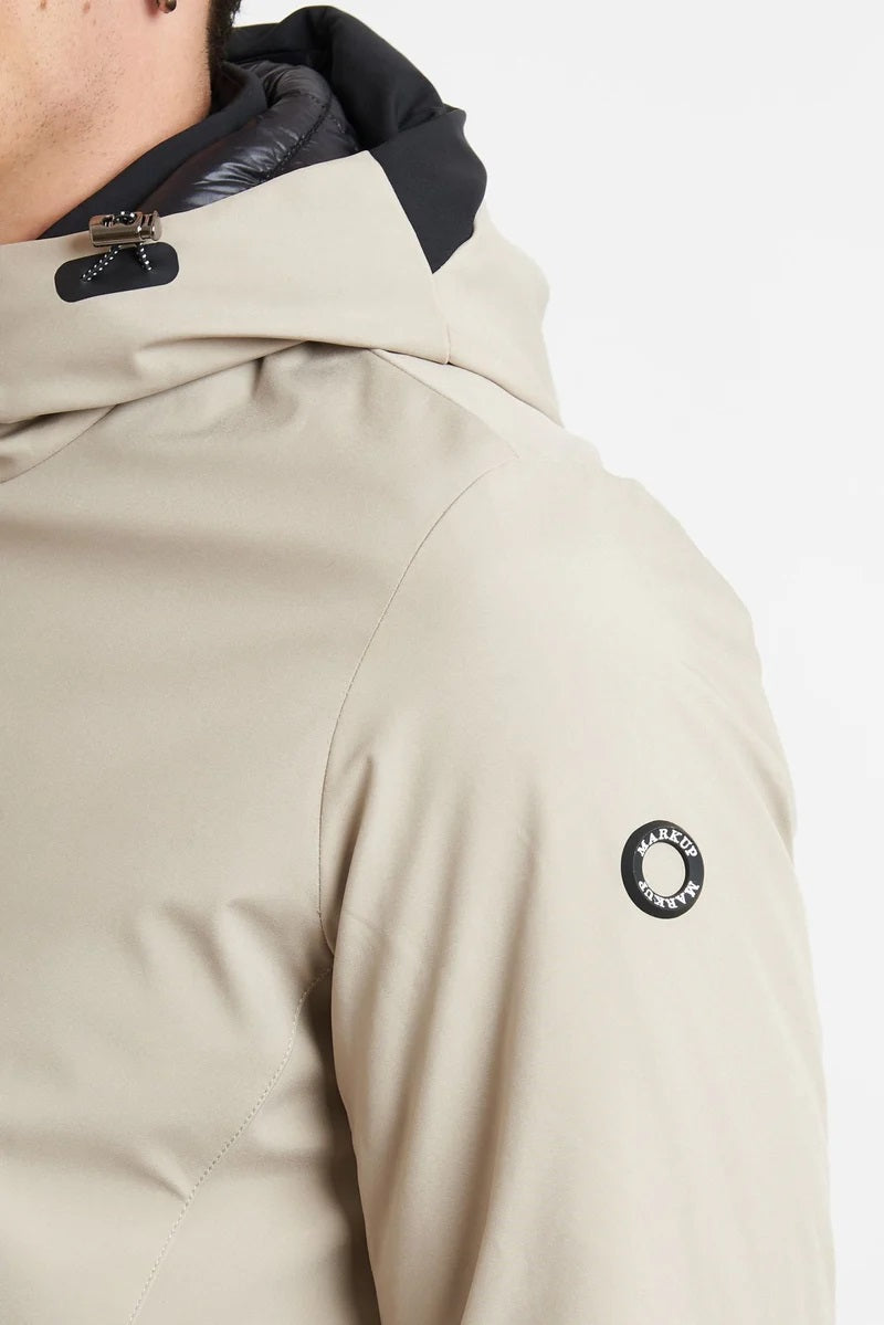 Giubbino termico da uomo beige con cappuccio fisso e zip termosaldata 
