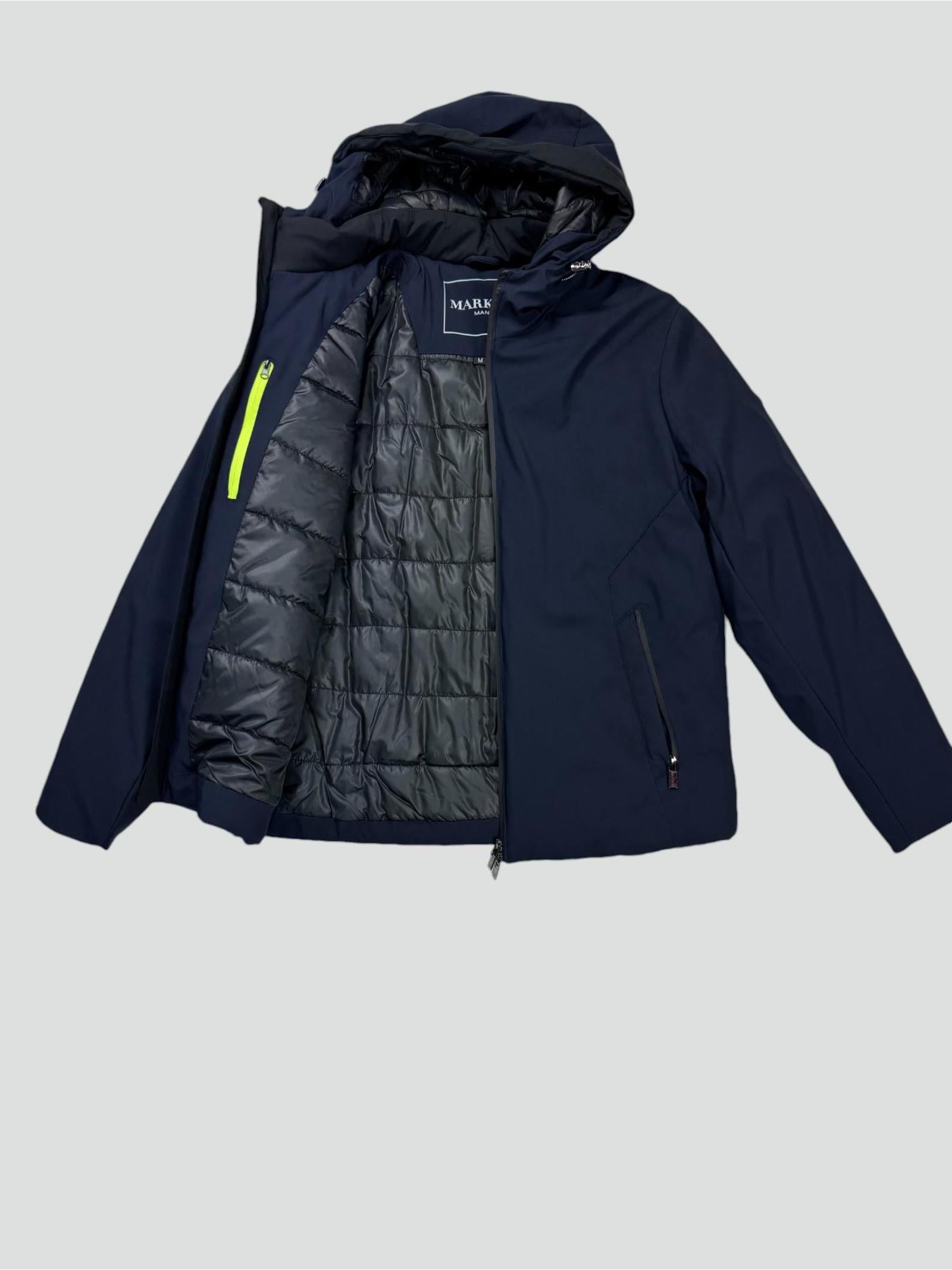 Giubbino termico da uomo blu con cappuccio fisso e zip termosaldata 
