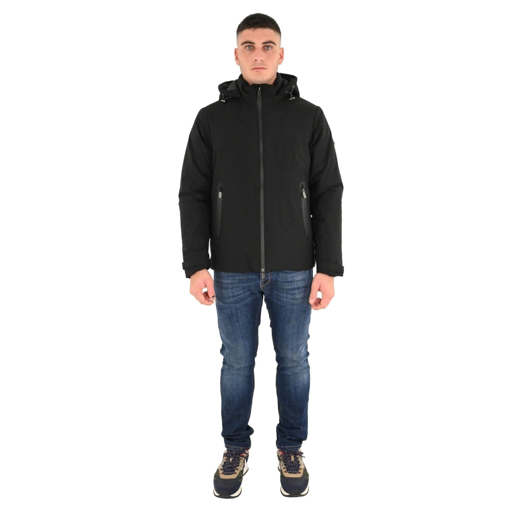 Giubbino termico da uomo nero con cappuccio fisso e zip termosaldata 