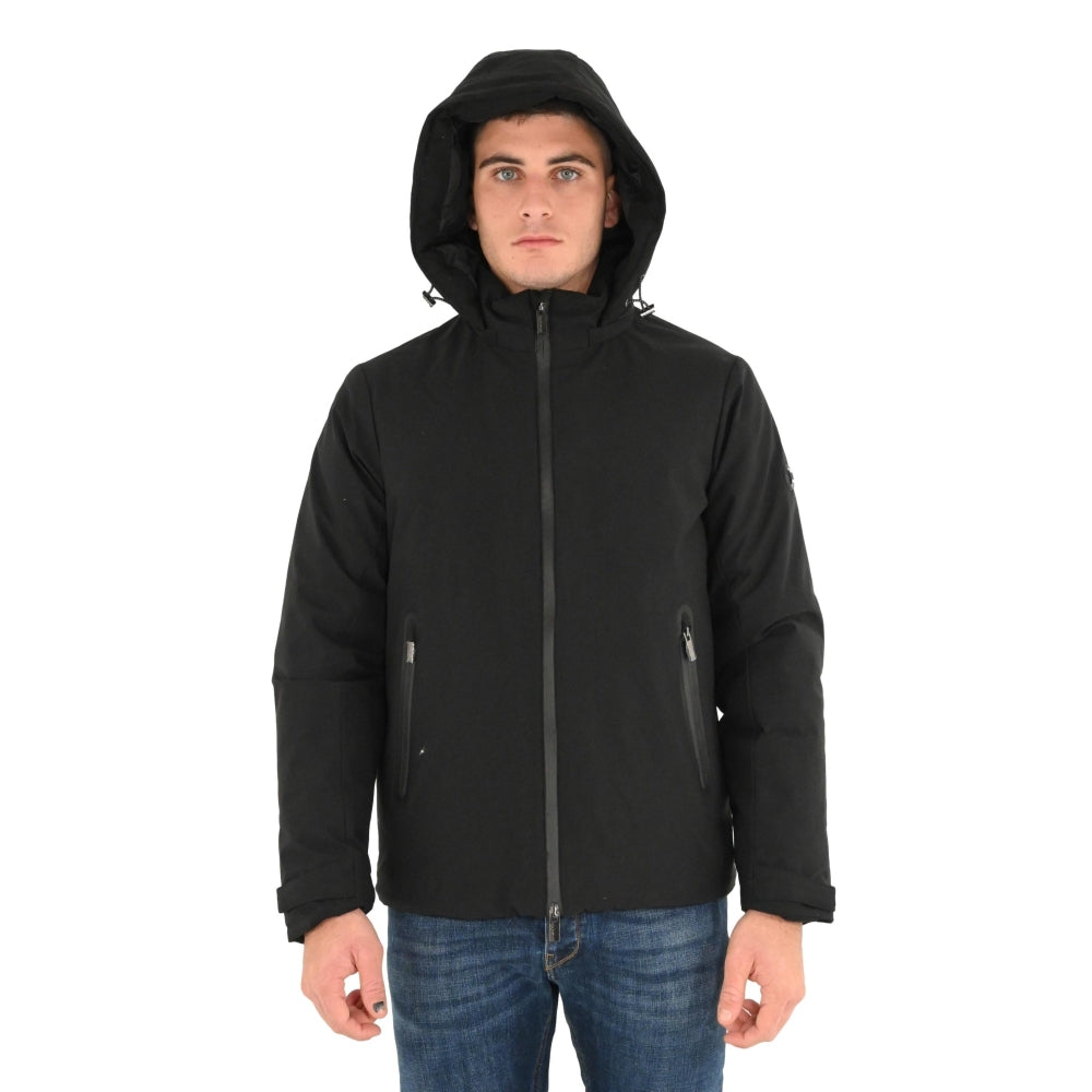Giubbino termico da uomo nero con cappuccio fisso e zip termosaldata 