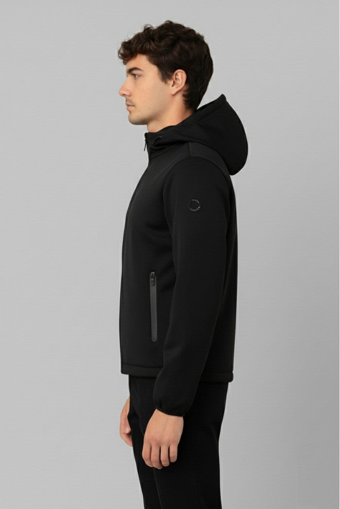 Giubbino softshell da uomo nero con cappuccio e interno in pile 