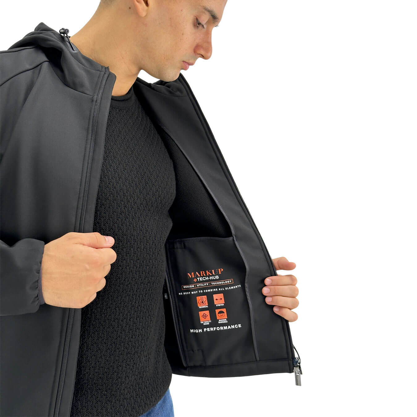 Giubbino softshell da uomo nero con cappuccio e interno in pile 