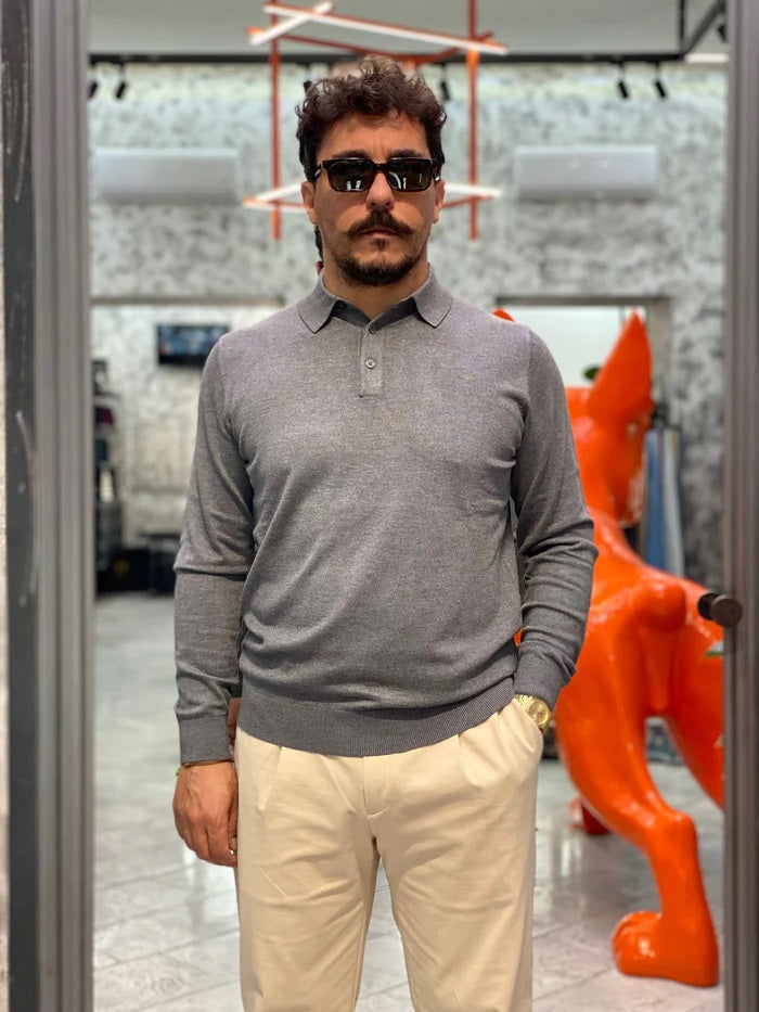 Polo slim fit grigio melange a manica lunga in viscosa finezza 12 