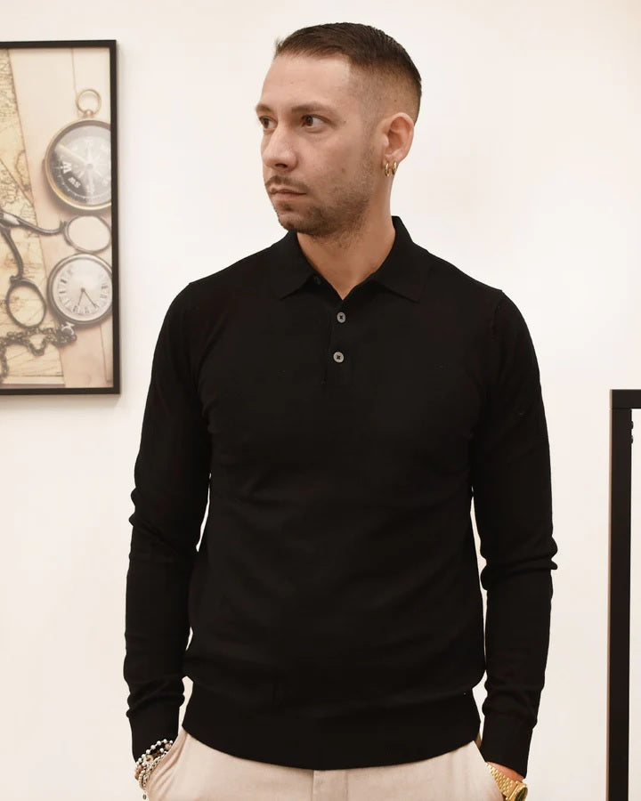 Polo slim fit nera a manica lunga in viscosa finezza 12 
