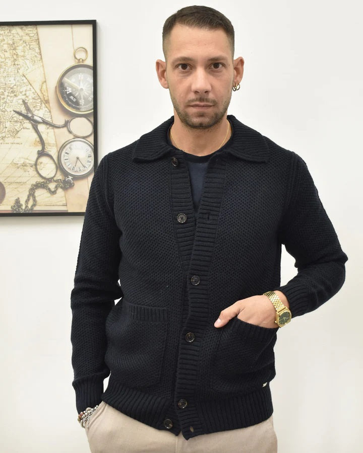 Overshirt blu scuro in maglia punto pannocchia finezza 7 