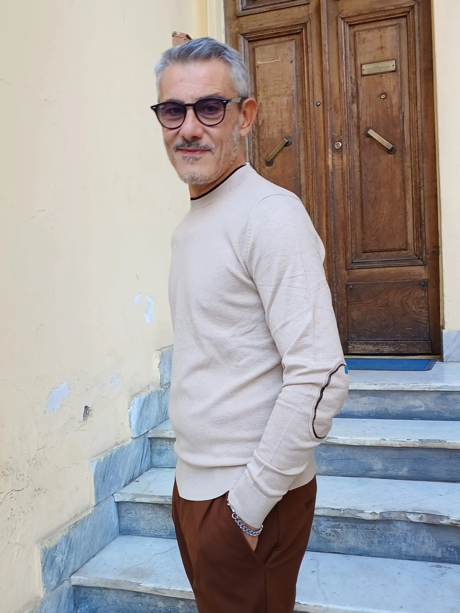Maglia da uomo beige in viscosa punto riso finezza 12 