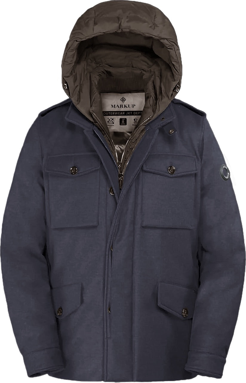 Field Jacket blu in microfibra con pettorina interna e cappuccio 