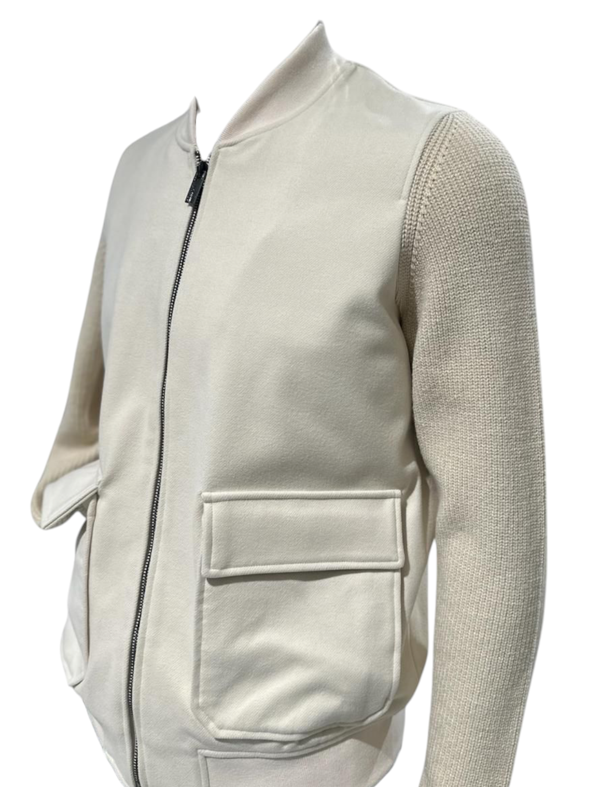 Overshirt uomo color latte in tessuto diagonale con maniche in maglia 