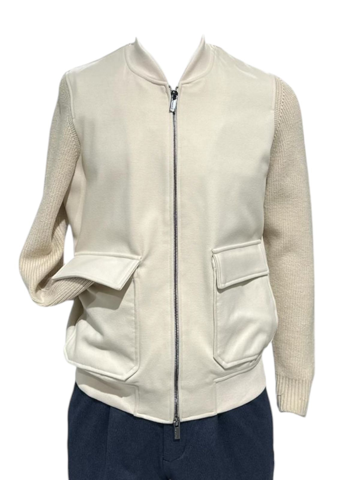 Overshirt uomo color latte in tessuto diagonale con maniche in maglia 