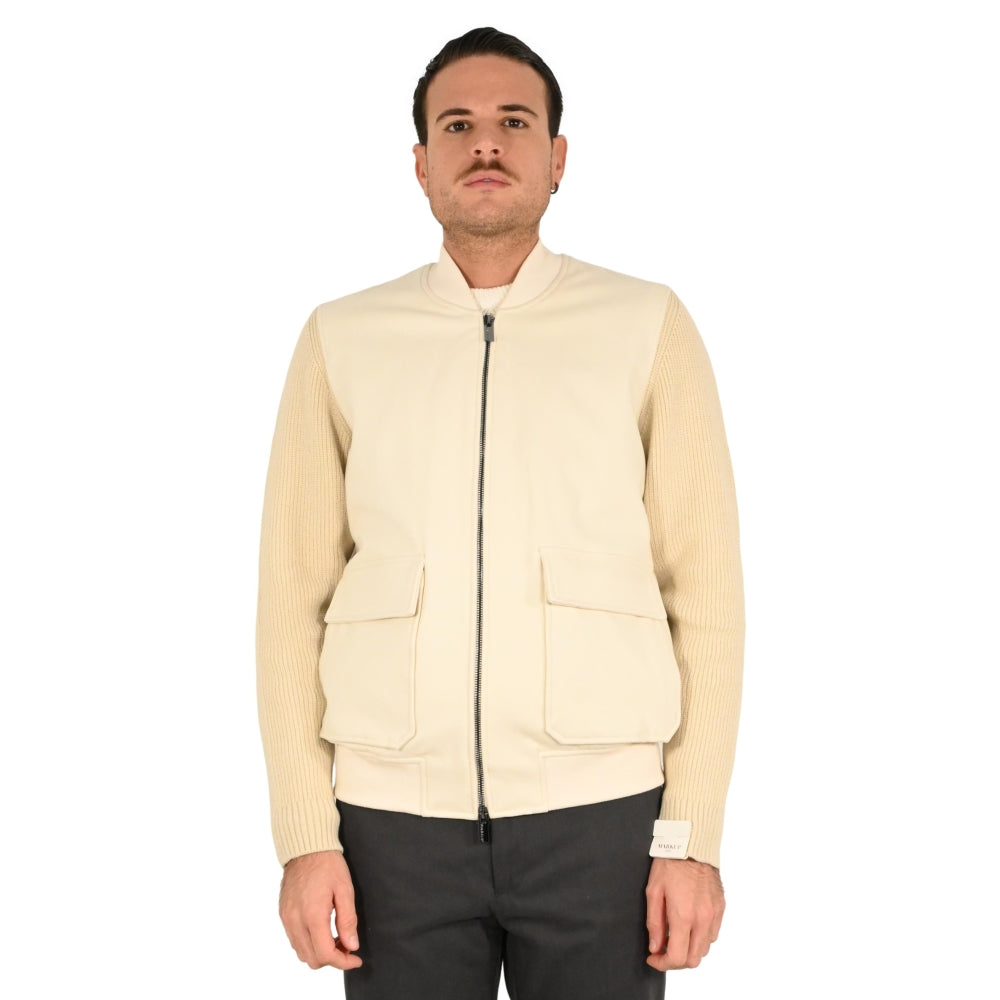 Overshirt uomo color latte in tessuto diagonale con maniche in maglia 