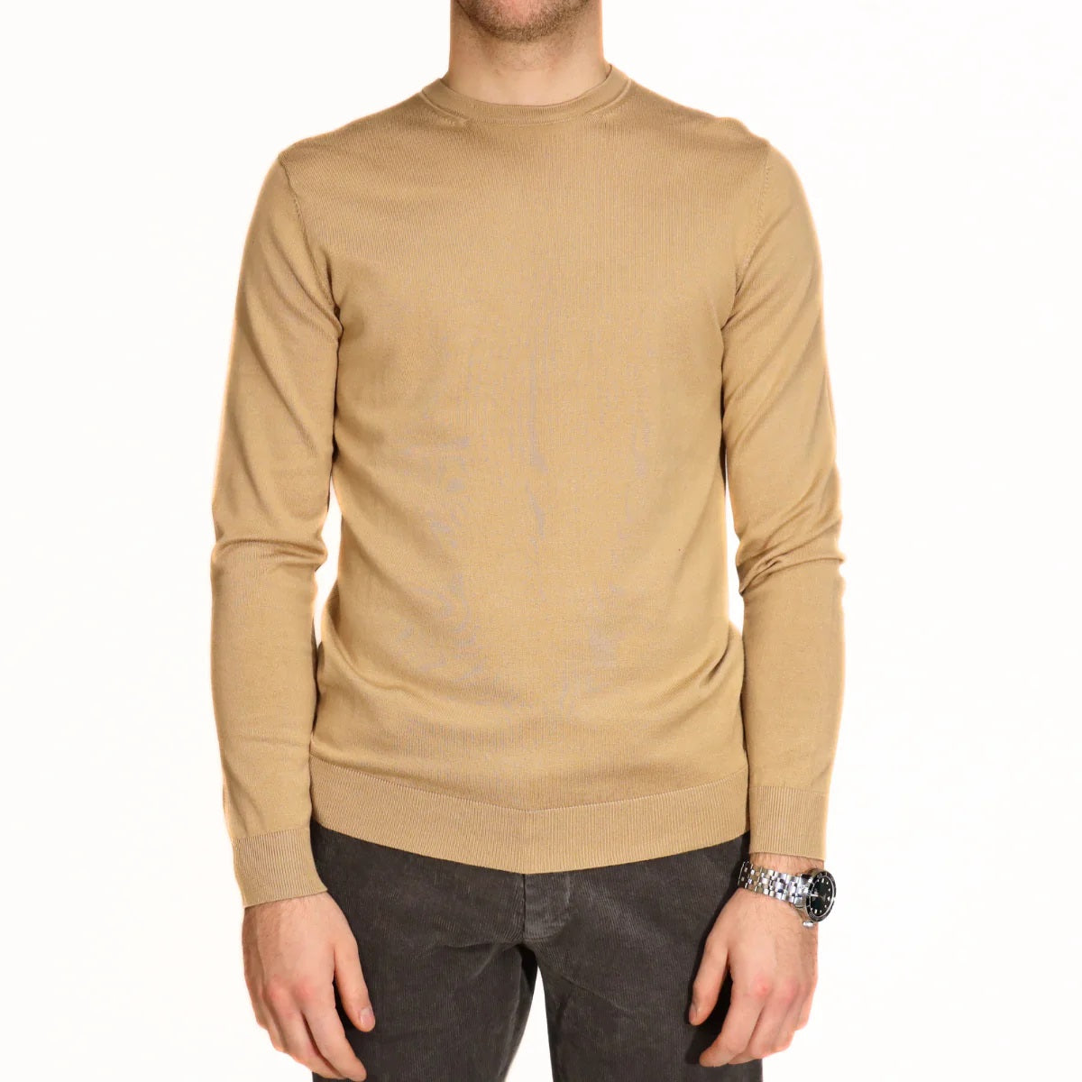 Maglia Girocollo Beige in Misto Viscosa con Vestibilità Regular 