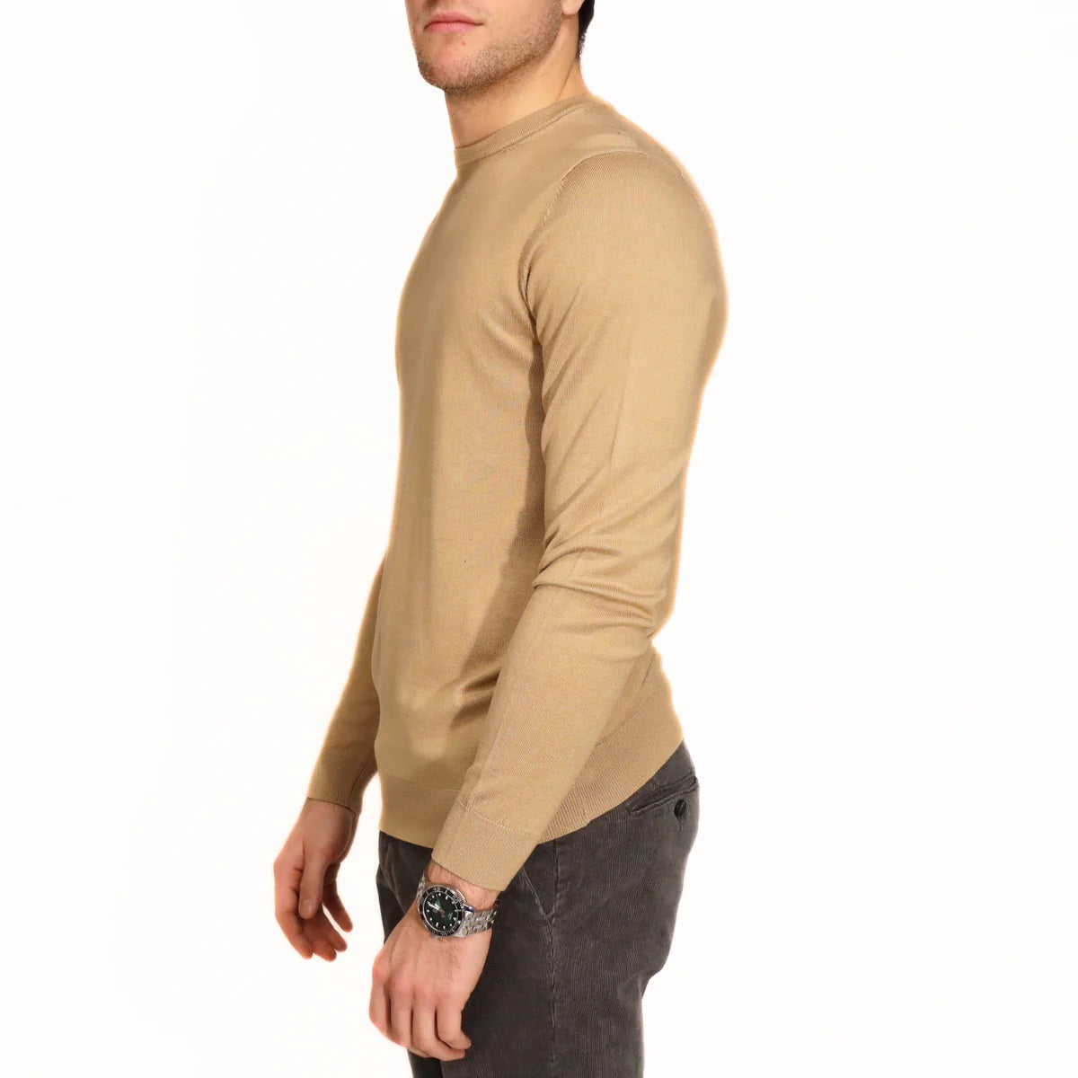 Maglia Girocollo Beige in Misto Viscosa con Vestibilità Regular 