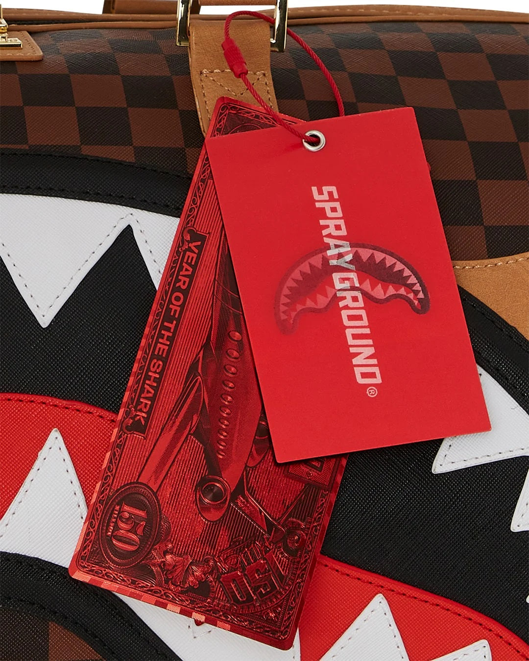 Borsone "Hennyville Duffle" Marrone Check con Grafica Shark 