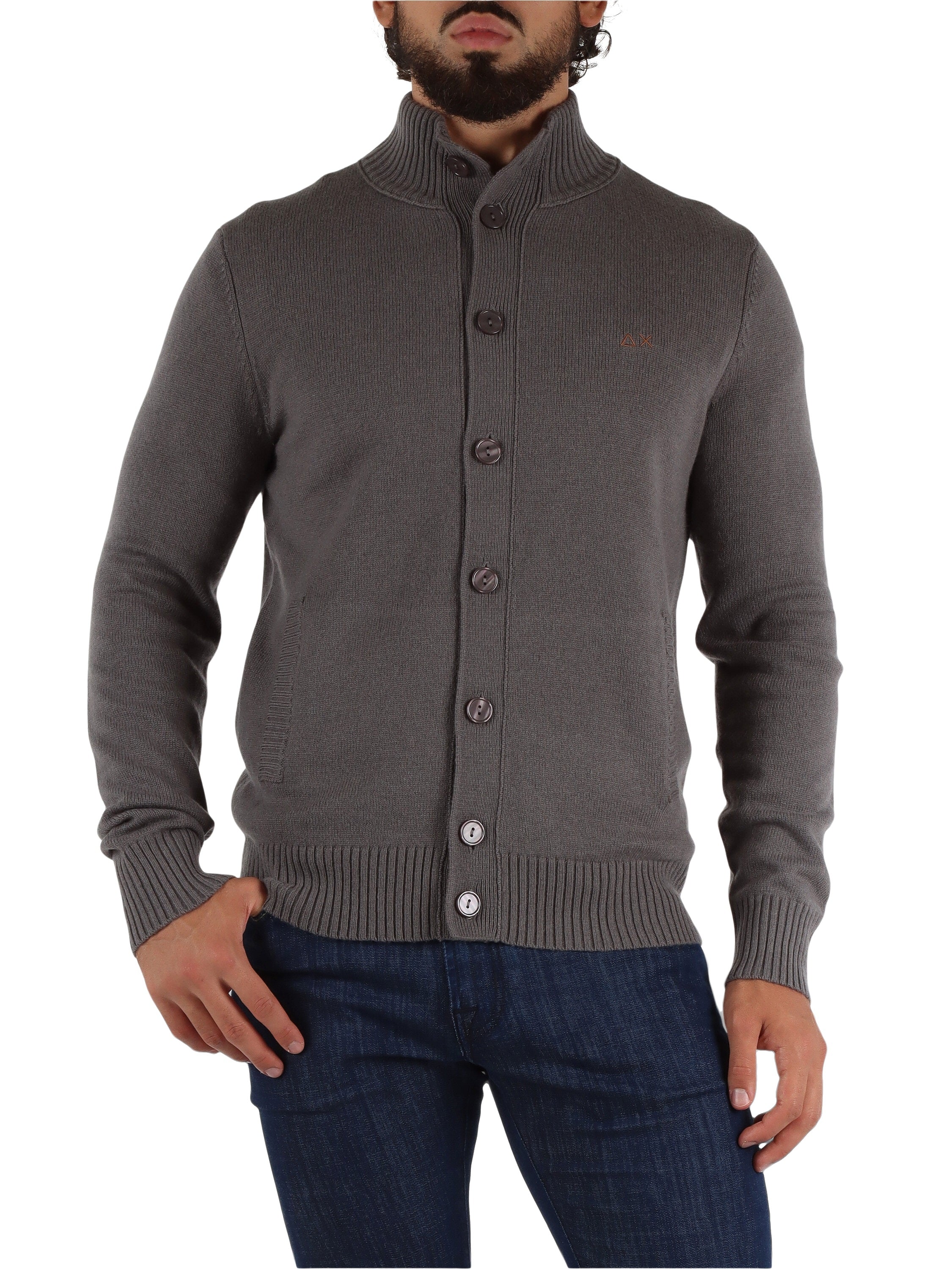 Cardigan in Lana Merino e Cashmere Grigio con Collo a Lupetto 