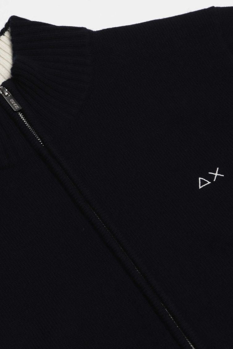 Cardigan con Zip in Cotone e Lana Merino Blu Navy 