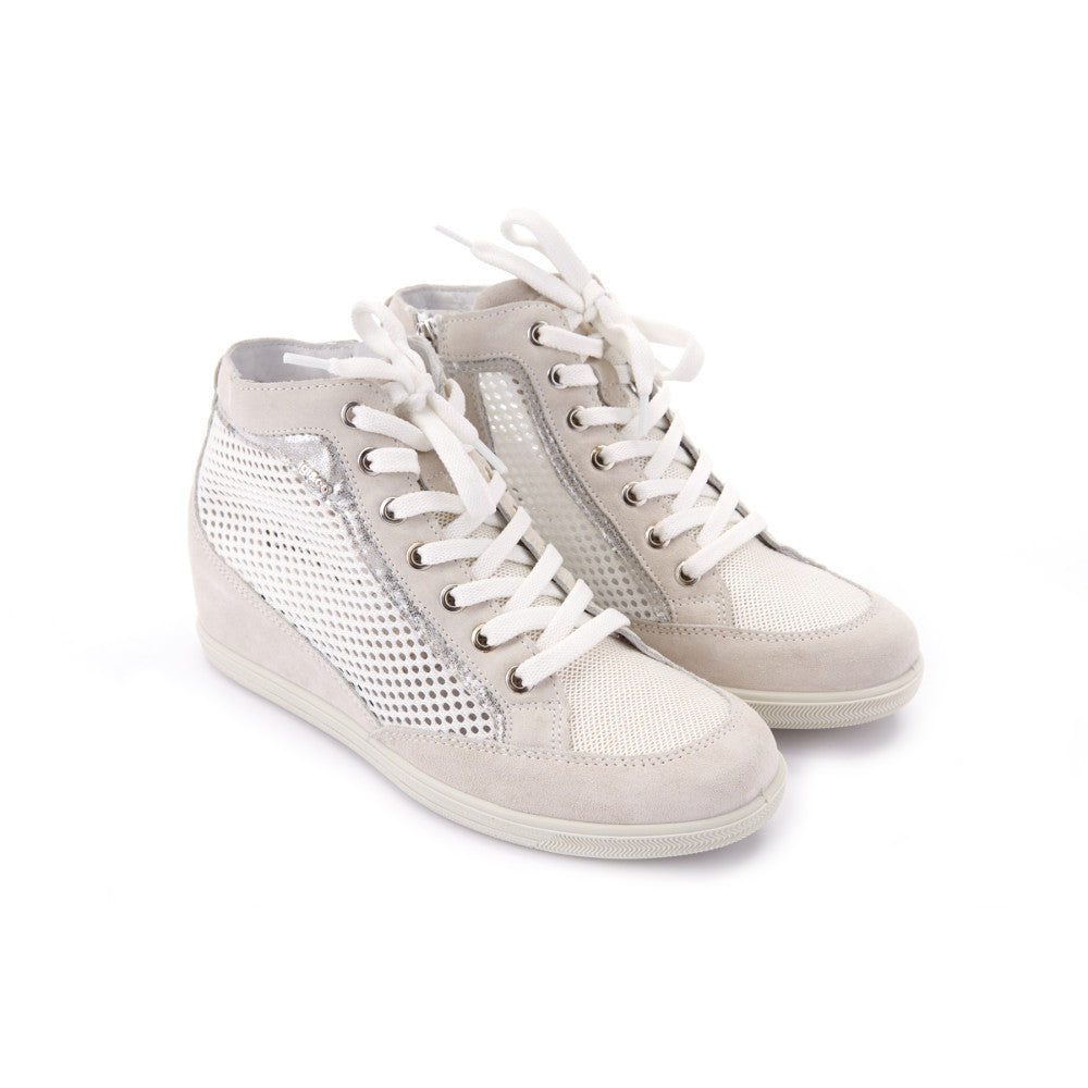 Sneakers Donna Beige con Zeppa in Pelle Scamosciata e Tessuto 