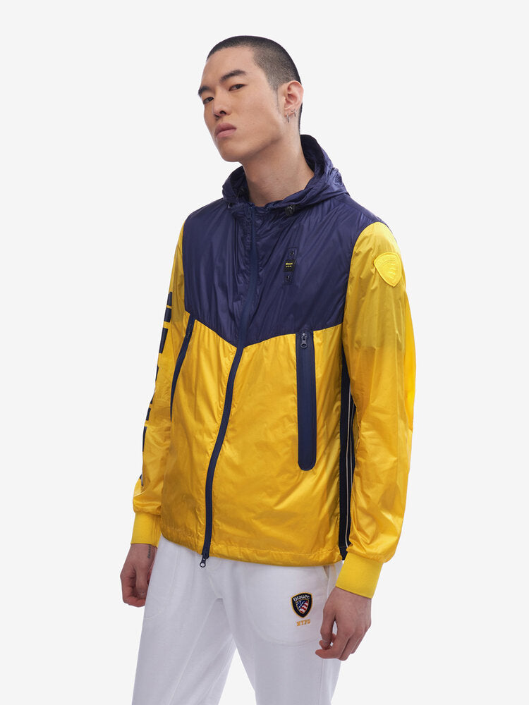 Giubbino Bimbo Giallo e Blu in Nylon con Cappuccio Removibile 