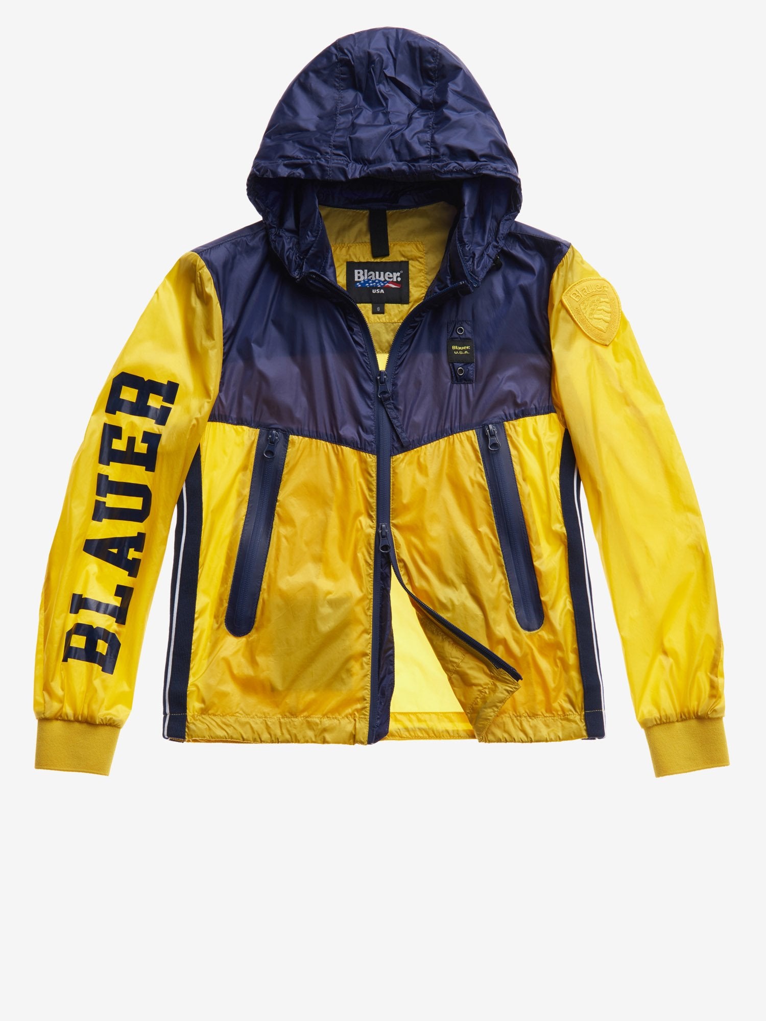 Giubbino Bimbo Giallo e Blu in Nylon con Cappuccio Removibile 