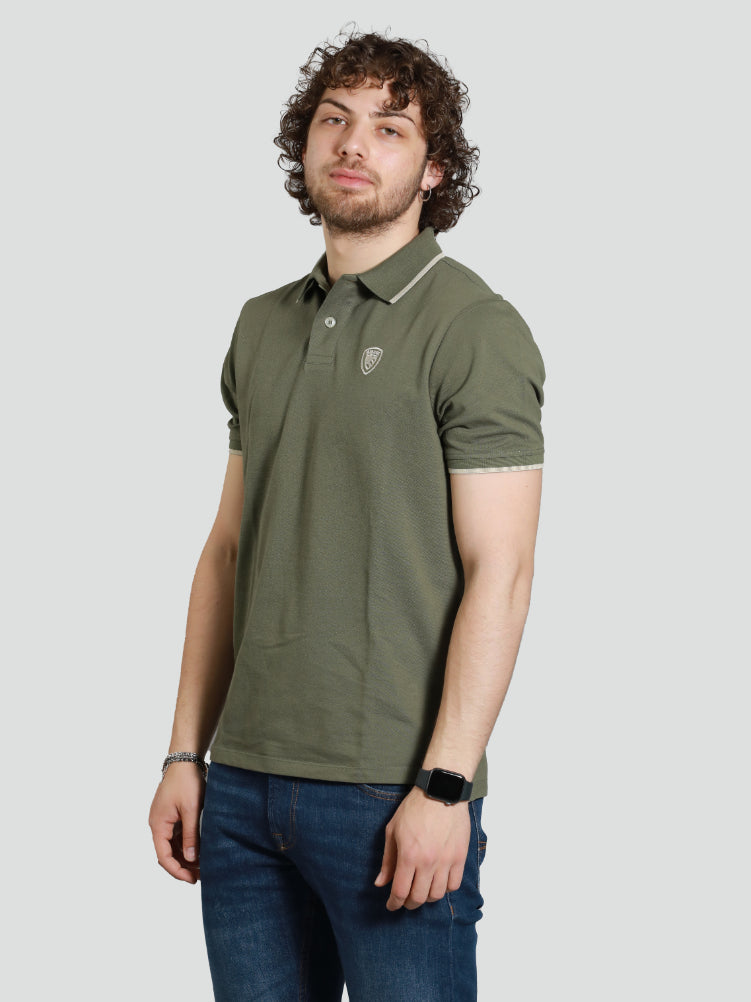 Polo Uomo Verde Militare in Piquet di Cotone con Bordini a Contrasto 