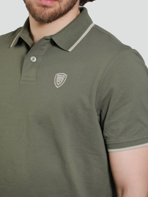 Polo Uomo Verde Militare in Piquet di Cotone con Bordini a Contrasto 