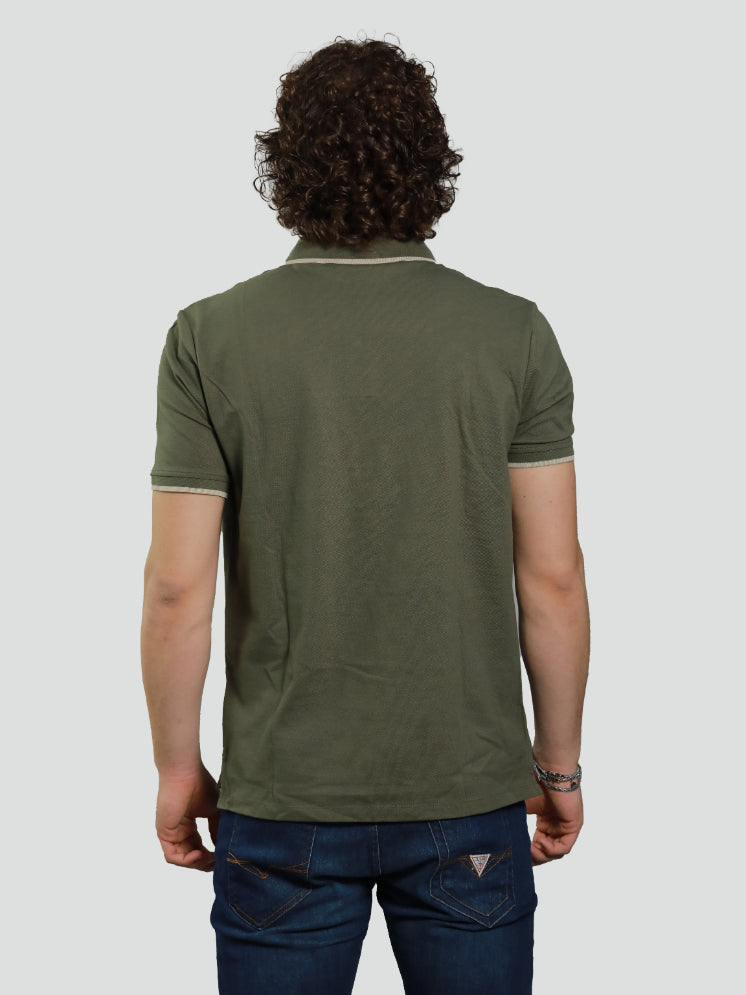 Polo Uomo Verde Militare in Piquet di Cotone con Bordini a Contrasto 