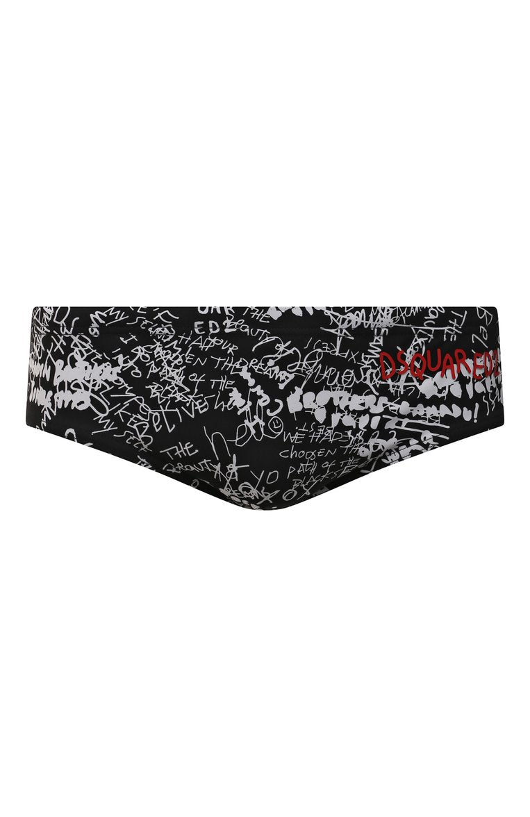 Costume Slip Dsquared2 Nero con Logo Graffiti Bianco 
