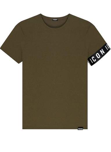 T-shirt verde militare"ICON" con Stampa sulla Manica in Cotone 