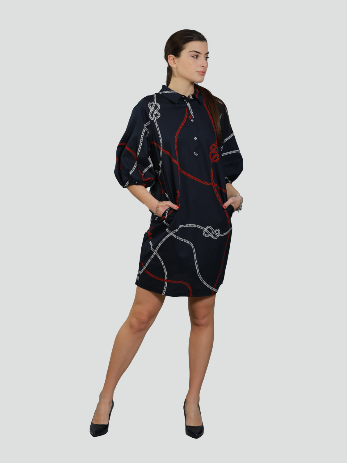 Abito "Calipso" navy in popeline di cotone stampato con fantasia corde 