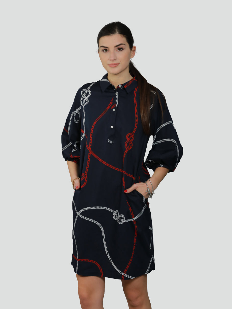 Abito "Calipso" navy in popeline di cotone stampato con fantasia corde 