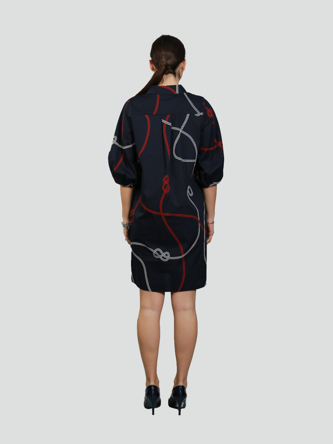 Abito "Calipso" navy in popeline di cotone stampato con fantasia corde 