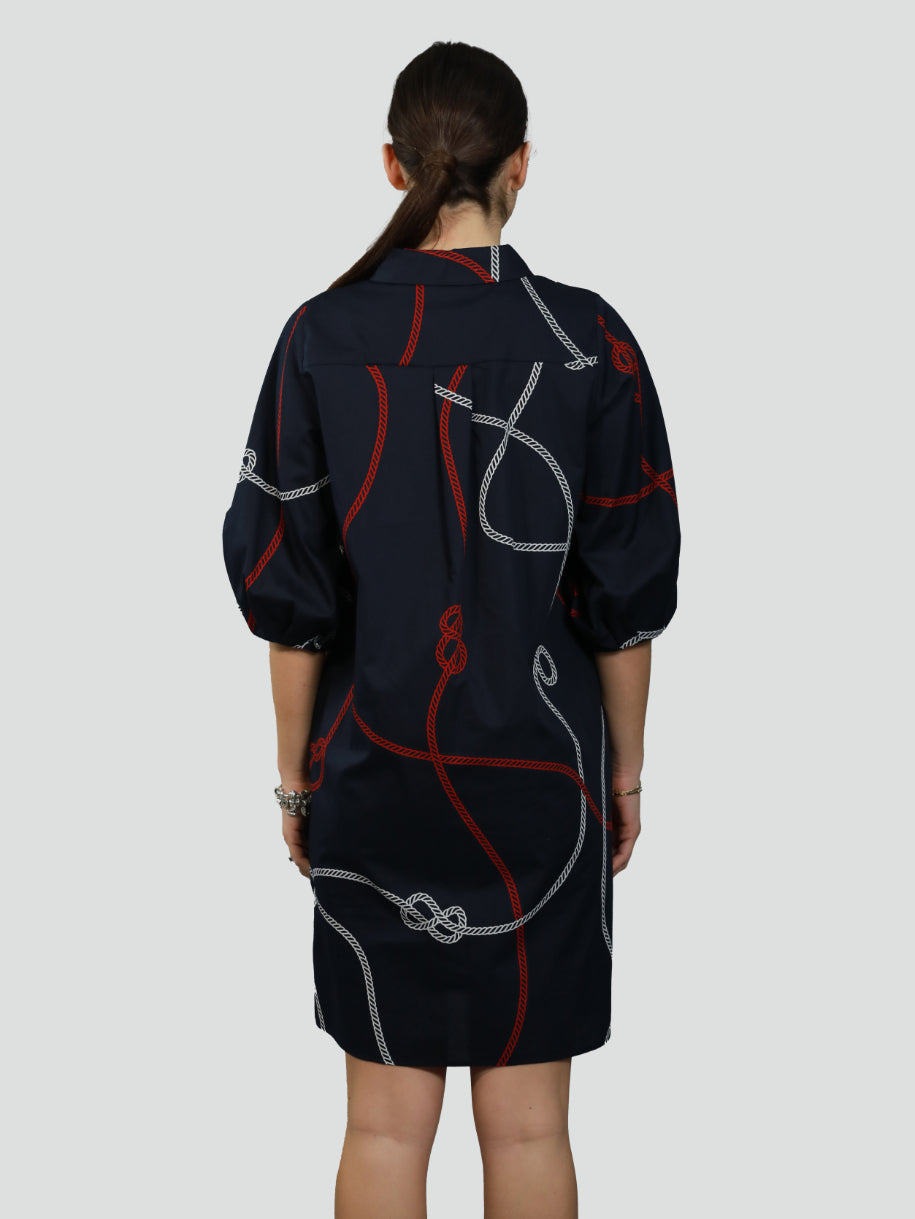 Abito "Calipso" navy in popeline di cotone stampato con fantasia corde 