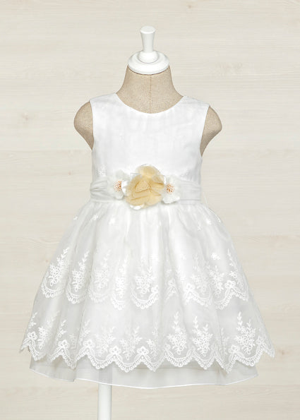 Abito Bambina Abel&Lula Bianco in Pizzo con Cintura e Fiore Beige 
