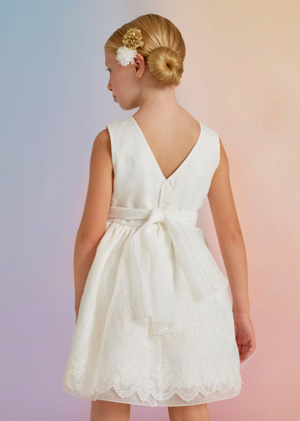 Abito Bambina Abel&Lula Bianco in Pizzo con Cintura e Fiore Beige 