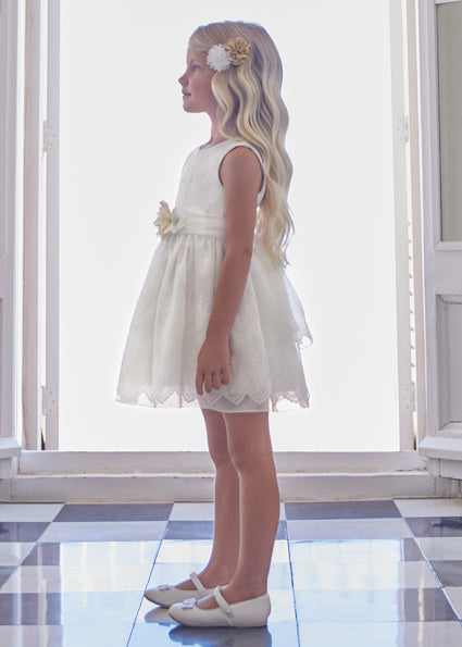 Abito Bambina Abel&Lula Bianco in Pizzo con Cintura e Fiore Beige 