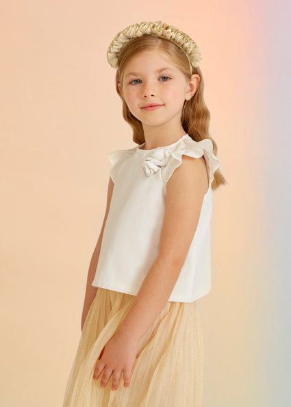 Blusa Abel & Lula Bianca in Cotone con Volant e Fiore Applicato 